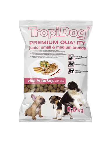 TropiDog Premium Junior Small & Medium breeds - Turkey & rice 500gr